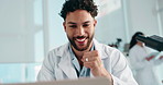 Reading, research and scientist with laptop, excited and happy for results of study, man and online. Lab, medical professional and person with tech for project, success or smile for healthcare on web