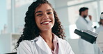 Happy woman, face or forensic scientist with microscope for medical research or study at laboratory. Portrait, female person or smile with biotechnology for microbiology, examine DNA or development