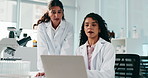 Research, science and women in lab, laptop and communication for vaccine development. Medical, scientist and employees in workplace, cooperation and pc with email and feedback for biotech experiment
