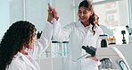 Scientist, women and high five with tablet, team and breakthrough for medical research project. People, partner and app with results, report and happy for vaccine development with pharma study at lab