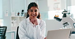 Woman, face or forensic scientist with laptop for medical research or study at laboratory. Portrait, female person or smile with computer for microbiology, examination or healthcare development