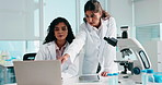 Women, scientist and laptop with tablet at laboratory for science discovery or medical research. Female people, healthcare workers or forensic team with technology for experiment results or data