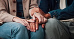 Therapy, couple and care with holding hands for support, partnership or commitment in relationship. Psychology, people and compassion with gesture for empathy, bonding or love with healing in closeup
