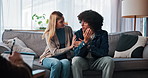 Couple, comfort and therapist writing for counseling, discussion and support of marriage advice. People, talk and psychologist with notes, assessment checklist and guidance for relationship recovery