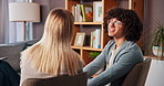Happy couple, discussion and counseling with therapist for love, care or save relationship. Man, woman or lovers talking with help or counsellor in therapy session for conflict resolution or advice