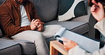 Therapy, notes and hands of people in office for consulting, counseling session and support. Psychology, mental health and therapist with anxious patient writing for diagnosis, listening and help