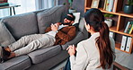 Man, woman and blindfold with psychologist for mental health, listen or consultation for wellness. Therapist, person and talk with sensory deprivation with counselling, guide or assessment at clinic