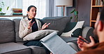 Woman, explain and therapist writing for counseling, psychology assessment and medical help. Patient, psychologist and notes with checklist, treatment and evaluation with information on mental health