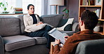 Woman, explain and therapist with clipboard for counseling, psychology assessment and help. Patient, psychologist and medical checklist, evaluation notes and information of treatment on mental health