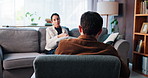 Man, therapist and patient with anxiety, stress and communication for recovery support and mental health. Consultation, psychologist and woman in conversation for trauma, depression or explain crisis