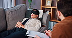 Man, therapist and woman with blindfold, stress and notes for recovery support and mental health. Clipboard, psychologist and patient in sensory depravation talking for trauma, depression or crisis