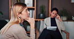 Psychology, women and thinking with anxiety, advice and consultation for recovery support and mental health. Counselor, therapy and clipboard for conversation for trauma, stress or explain depression