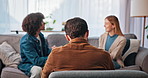 Conflict, couple and therapy with psychologist in office for fight, marriage counseling and divorce. Relationship mediation and anger with man and woman in clinic for affair, conversation and crisis