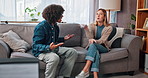 Therapy, argument and couple on sofa with psychologist for stress in marriage, conflict or infidelity. Talking, disagreement and man fighting with woman at counseling session for reconciliation.
