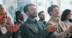Applause, success and audience with business man for project, achievement and support. Tradeshow presentation, winner and community without group of people at seminar for celebration and cheering 