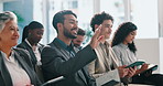 Business man, raised hand and audience with question, tablet or happy for feedback at conference. Employee, people and discussion for insight, application and answer at finance convention at event