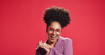 Happy, winner and face of woman in studio excited for fashion discount, sale and bargain. Trendy style, space and portrait of person with yes, wow and smile for winning competition on red background