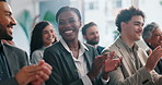 Woman, man and applause in crowd at conference, cheering and happy for success at company event. Business people, audience and celebration with goals, achievement and support at financial convention