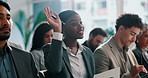 Woman, raised hand and notebook in audience with question, attention and feedback at conference. Business people, employee and discussion for insight, answer and happy at finance convention at event
