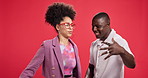 Dancing, energy and couple in studio, smile and bonding together on red background. Fun, creative and man with woman, love or skills with relationship, support and learning with artist and talent