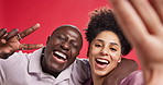 Face, selfie and happy African couple in studio for peace sign, laugh or update social media profile. Portrait, man and woman take picture with v hand for photo, love and embrace on red background