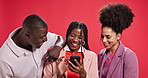 Happy, friends and people in studio with phone for social media, online meme and internet. Laughing, red background and women with man on smartphone for reading website, funny video and mobile app
