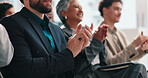 Audience, applause and group in workshop, celebration or success for training session or colleagues. Clapping, hands and achievement for people in seminar, crowd and thank you for presentation