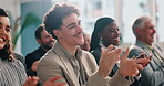 Clapping, success and event with business man in audience for meeting, workshop and deal. Applause, celebration and conference with group of employees at convention for seminar, crowd and support