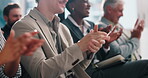 Audience, applause and colleagues in workshop, celebration or success for training session or group. Clapping, hands and achievement for people in seminar, crowd and thank you for presentation
