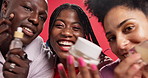 Friends, skincare product and face of people in studio for advertising, marketing and brand promotion. Self care, happy and women with man show cosmetic container on red background for dermatology 