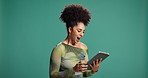 Surprise, happy and woman with tablet by studio background with winning, achievement or goal. Digital technology, shock and female person with online bonus, target or announcement by mockup space.