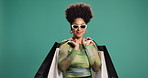 Dance, shopping bags and happy woman with sunglasses for fashion, sales and discount. Smile, shopaholic and African customer with gift for Black Friday, celebrate deal and space on studio background