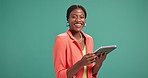 Tablet, laugh and face of black woman by studio background with research or positive feedback. Happy, portrait and African female editor with technology for online article publishing by mockup space.
