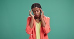 Headache, stress and business woman by studio background with flu, cold or allergy symptom. Burnout, migraine and African female employee with fatigue, exhaustion or brain fog by mockup space.