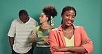 Face, team leader and business woman with arms crossed in studio for fashion startup. Portrait, confidence and happy manager with African group for clothing design, style and creative on background