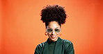 Black woman, sunglasses and smile for fashion in studio background, trendy clothes and bold style. Mockup space, female person and confidence of retro aesthetic, elegant outfit and positive attitude 
