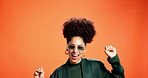 Dance, celebration and face of woman by studio background with winning, achievement or goal. Energy, sunglasses and female person cheering with excitement for bonus or good news by mockup space.