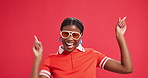 Face, pointing up and black woman in studio, sunglasses and discount deal on red background. African person, hand gesture and happy model with shades, announcement and promotion with sales and sign