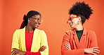 Arms crossed, fashion and team of business women in studio as eyewear designers on background. Confidence, collaboration and happy African stylists laugh for cool style, creative or trendy sunglasses
