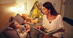 Reading, book and mother with child in bedroom for bedtime story, night and bonding. Support, storytelling and fairytale with woman and kid in family home for love, teaching and happiness together
