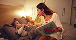 Storytelling, book and mother with child in bedroom for bedtime story, reading and bonding. Support, night and fairytale with woman and kid in family home for love, teaching and happiness together