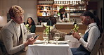 Ignore, phone and date with couple in restaurant for dating culture, online addiction and texting. Relationship crisis, mobile and fail connection with man and woman at dinner for emotional distance