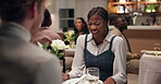 Restaurant, couple and conversation with happiness on date, bonding together and wine for dinner. Romantic dining, partner and woman with laughing for talking, celebrate anniversary and alcohol drink