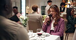 Date, wine and smile with couple in restaurant for conversation, support and fine dining. Honeymoon, talking and partner with man and woman at romantic dinner for trust, hospitality and love