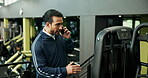 Gym manager, man and talking with phone call for online inquiry, equipment maintenance and feedback. Health club, employee and speaking to client for membership plan, registration promo or management