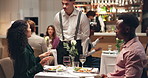 Man, woman and angry at restaurant with stress, argument and complaint for bad service at cafe. People, dispute and frustrated with conflict, fight and talking with question for staff or waiter