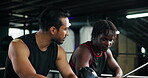 Break, sports friends and talking in boxing ring at gym together for exercise, fitness or training. Conversation, performance and workout with boxer men in health club for coaching or discussion