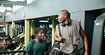 Fitness, talking and walking with black people in gym together for sports, training or workout. Conversation, exercise and wellness with happy friends in health club for development or discussion
