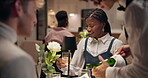 Date, wine and waiter with couple in restaurant for conversation, support and fine dining. Honeymoon, talking and partner with man and woman at romantic dinner for trust, hospitality and love