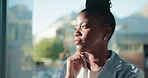 Business, thinking and black woman problem solving in office for idea or real estate insight. Reflection, decision or serious worker with thought, challenge or doubt for property investment by window